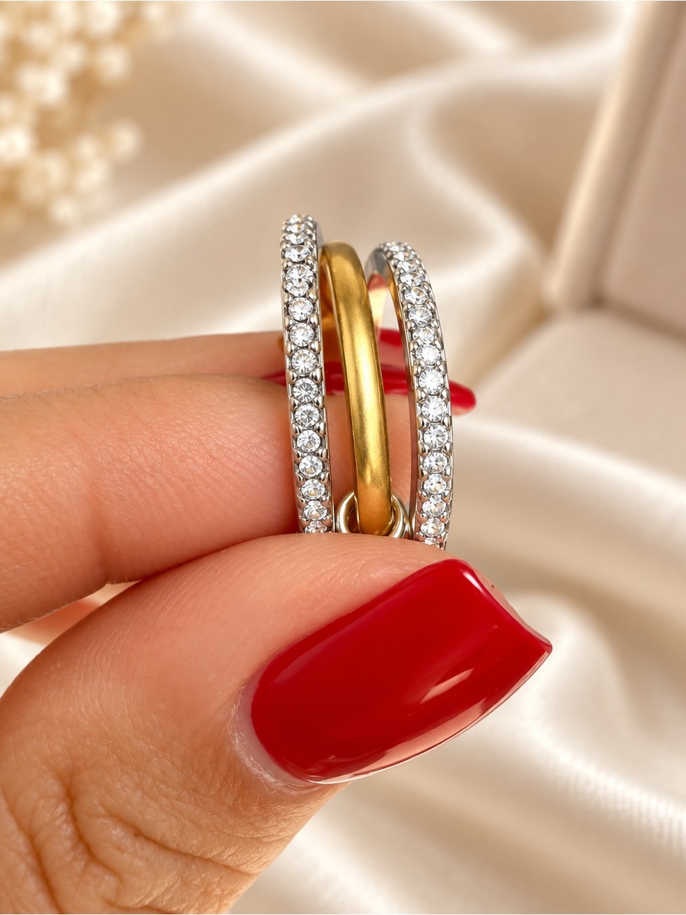 Gold and Silver  Crystal Triple Stacked Ring